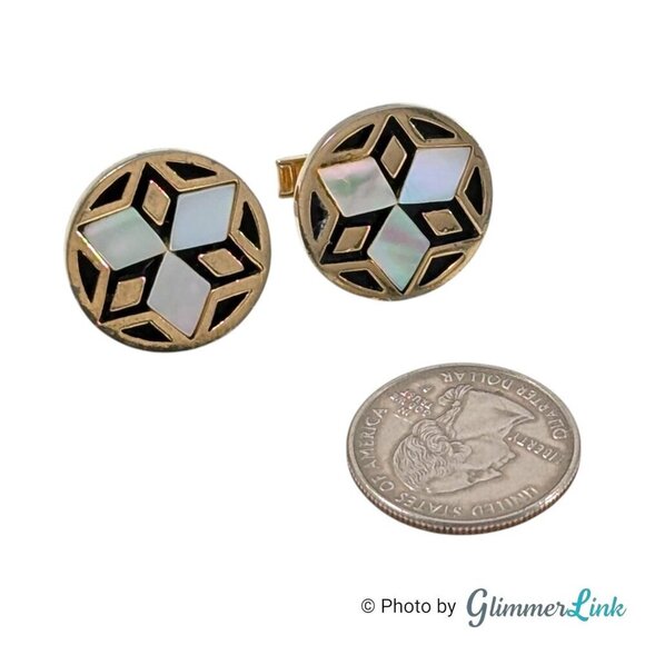 VTG Round Mother of Pearl Shell Six Pointed Star Whale Back Gold Tone Cufflinks - Picture 4 of 9